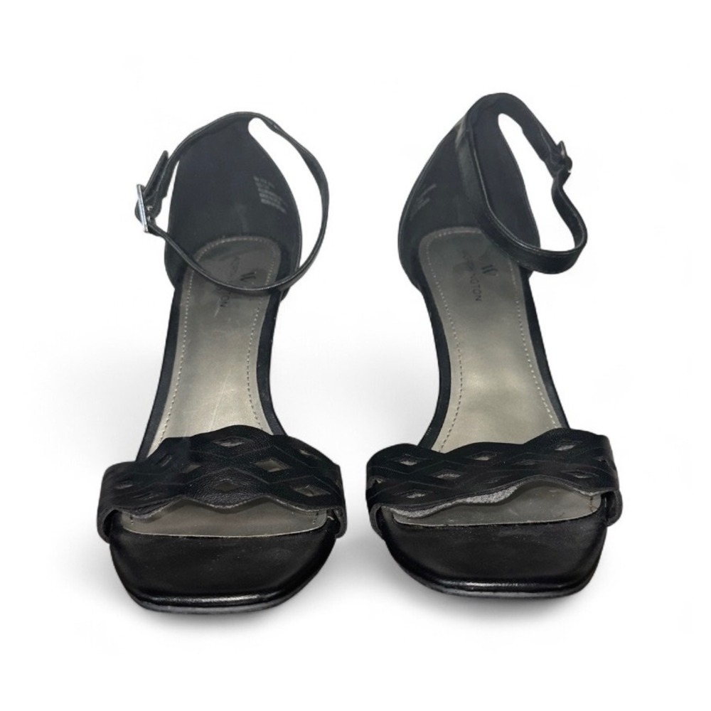 Black Faux Leather Laser Cut Ankle Strap Heels Women‎ Size 9